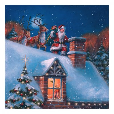 JulServett med tomte och renar på taket - 33x33 cm