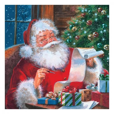 Servett med julmotiv med tomte, paket och önskelista