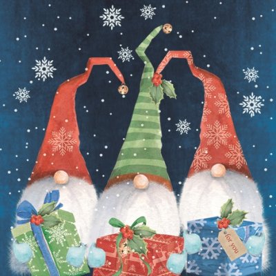 JulServett med 3 tomtar med paket - 33x33 cm