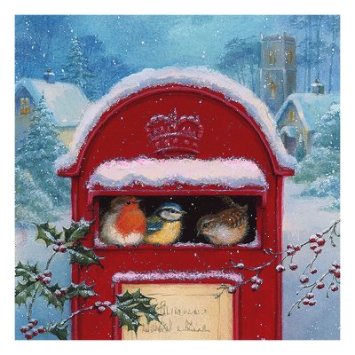 Servett med julmotiv med fåglar i postlåda