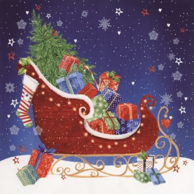 Servett med julmotiv med släde fylld med julklappar