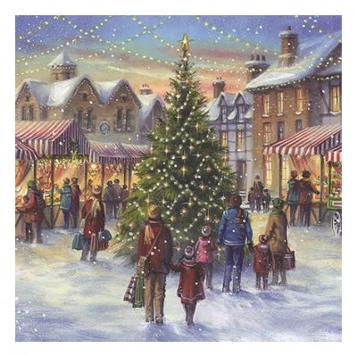 Servett med julmotiv med grön gran på torget