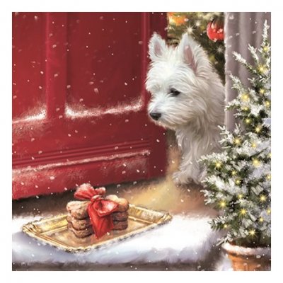 Servett med julmotiv med hund i julmiljö