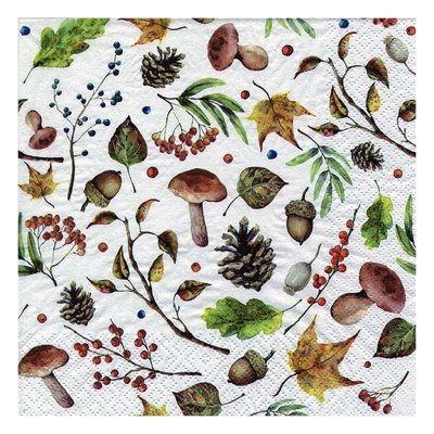 Servetter med svamp, kottar och kvistar