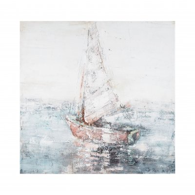 Handmålad tavla med segelbåt och hav i vit och blå- 100 x 100 cm