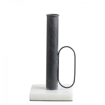 Matt svart ljusstake på vit marmor sten - 17 cm hög