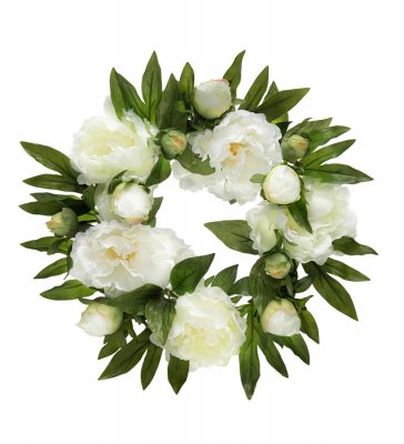 krans, dörrkrans med vita pioner, blommor - 32 cm