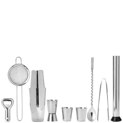 Barset i stål 10 delar. Shaker, mätglas och cocktailsil - 10 delar drink collection från Stiernholm