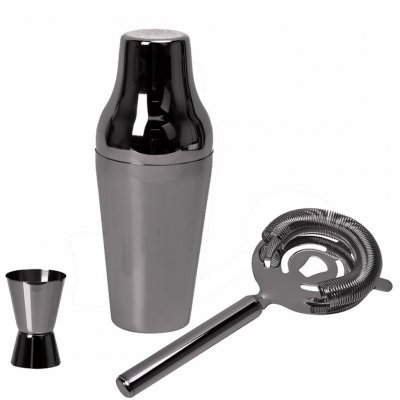 Barset i gun metal stål 3 delar. Shaker, mätglas och cocktailsil