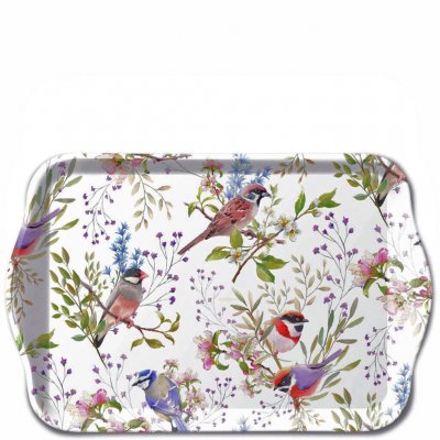 Bricka med vår-motiv fåglar och blomkvistar - Ambiente 13x21 cm