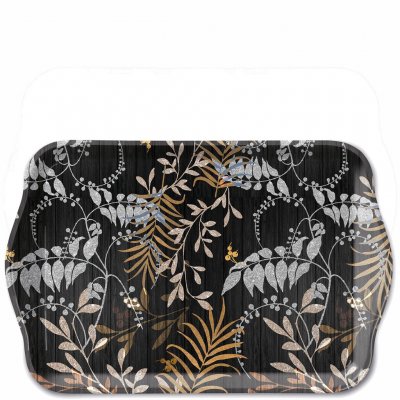 Bricka med blomstermotiv och blad och svart bakgrund- Ambiente 13x21 cm