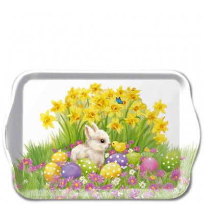 Bricka med påsk-motiv påskhare, kycklingar och påsk-ägg - Ambiente 13x21 cm