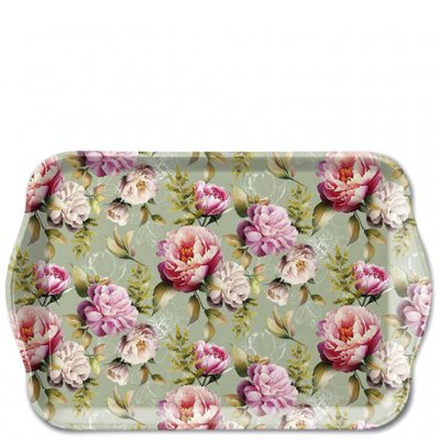 Bricka med pioner i lila och rosa gröna löv och kvistar  - Ambiente 13x21 cm