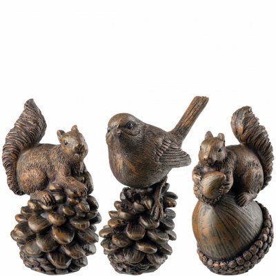 Juldekoration Ekorre på tallkotte eller ekollon och en fågel på en kotte - vackert brun 10,5 cm höga från Edelweiss