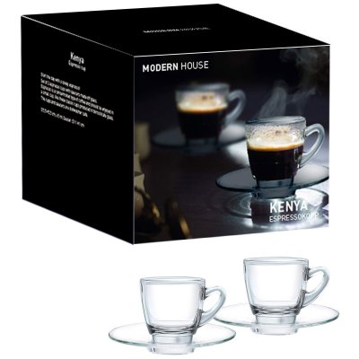 2 st espressokoppar i glas med fat