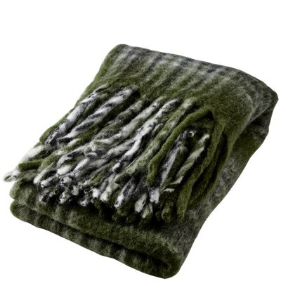 Mörkgrön Ull-pläd, filt frasse från Affari - Svart och vitt mönster - 160x130 cm
