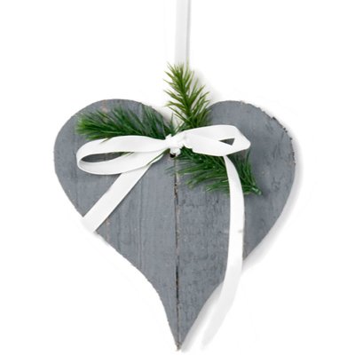 Grått hjärta trädekoration med vita sidenband och grankvist - 15 cm-