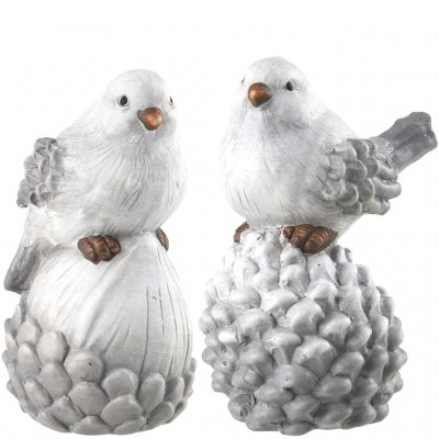 Jul-dekoration 2 fåglar kottar vinter - Vit och grå - Edelweiss design