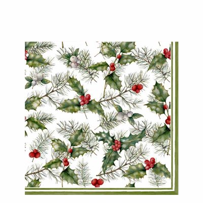 JulServett, kaffeservett med järnekskvistar och röda bär - 24x24 cm