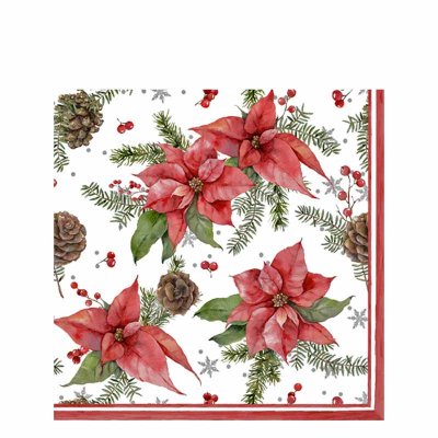 JulServett, kaffeservett med julmotiv röda julstjärnor, grankvistar och tallkottar - 24x24 cm