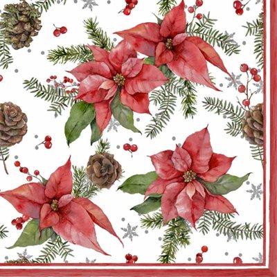 JulServett med julmotiv röda julstjärnor, grankvistar och tallkottar - 33x33 cm