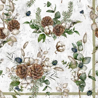 JulServett med julmotiv med kvistar och kottar - 33x33 cm