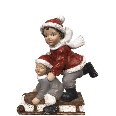 Röd julfigur med kälke. Pojke och lillasyster med röda tomteluvor - 9cm hög