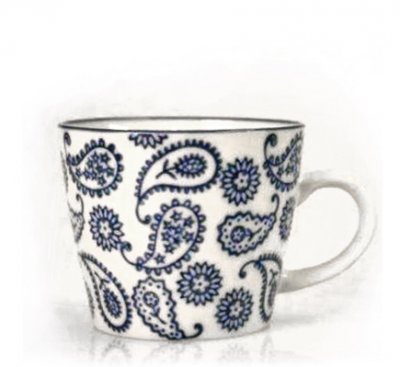 Vit kaffemugg med blått paisley-mönster - 10x7 cm