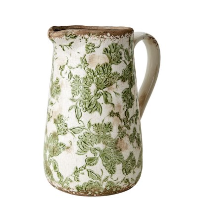 Kanna, tillbringare, Vas med grönt mönster på vit botten - Antikbehandlad från Affari - 23 cm hög