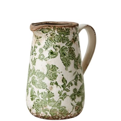 Kanna, tillbringare, Vas med grönt mönster på vit botten - Antikbehandlad från Affari - 18 cm hög