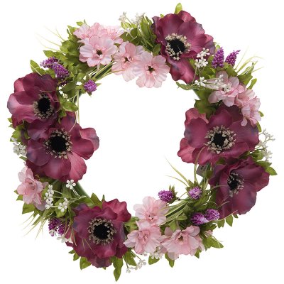 krans, dörrkrans med lila, rosa och vita blommor - 27 cm