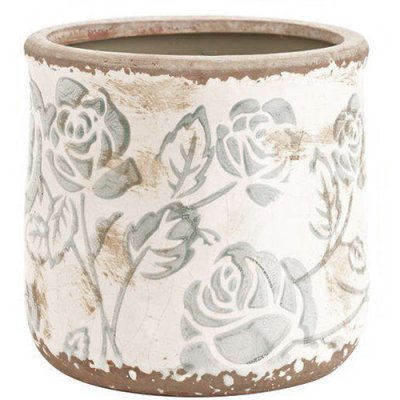 Kruka i antikbehandlad keramik och blommönster - Vit grå 12 cm
