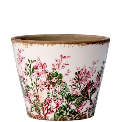 Beige kruka med blommönster i grön och rosa - Antikbhehandlad 11cm hög Affari