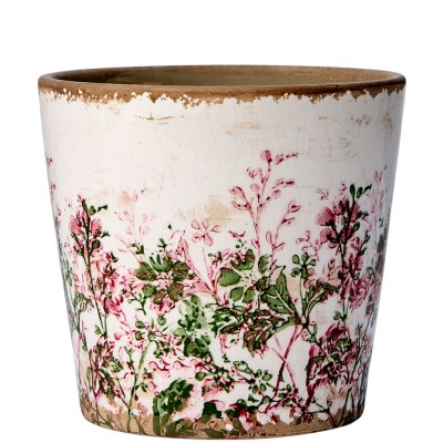 Beige kruka med blommönster i grön och rosa - Antikbhehandlad 13cm hög Affari