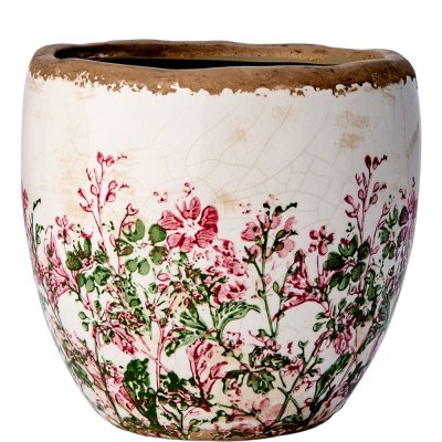 Beige kruka med blommönster i grön och rosa - Antikbhehandlad 14cm hög Affari