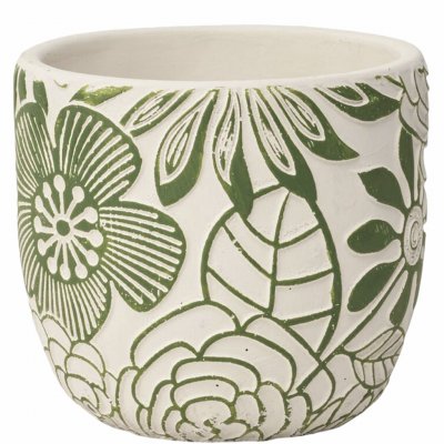 Vit kruka med mörkgrönt blommönster - Design från Lauvring 14x13 cm