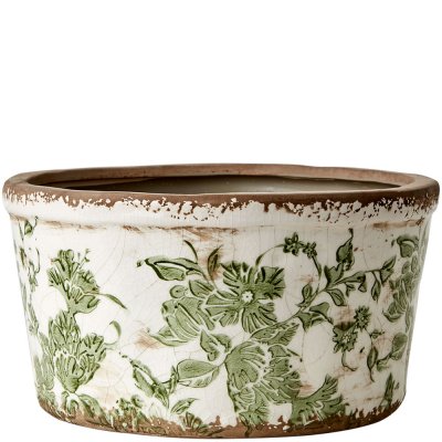 Kruka, Urna med grönt mönster på vit botten - Antikbehandlad från Affari - Ø 20 cm