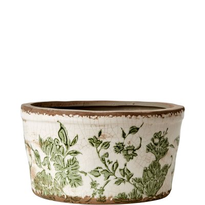 Kruka, Urna med grönt mönster på vit botten - Antikbehandlad från Affari - Ø 17 cm