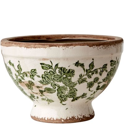 Kruka, Urna med grönt mönster på vit botten - Antikbehandlad från Affari - 14 cm hög