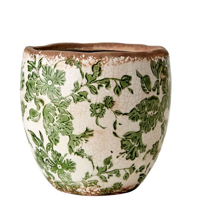 Kruka, Urna med grönt mönster på vit botten - Antikbehandlad från Affari - 14 cm hög