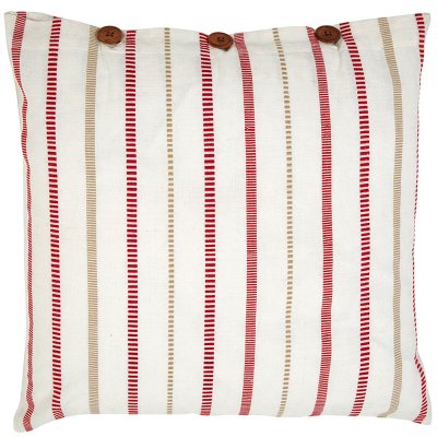Vit kudde md röd och beige i mönster och bruna knappar - 50x50 cm