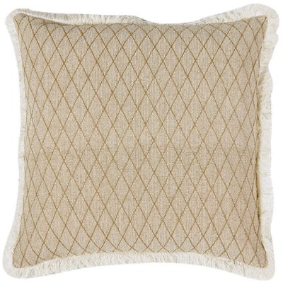 Prydnadskudde med vita fransar och mönster i beige, oliv och senap - 50x50 cm