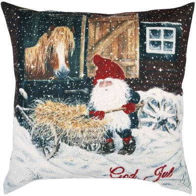 God Jul Kuddfodral Tomte i snö ger häst hö - 45x45 cm