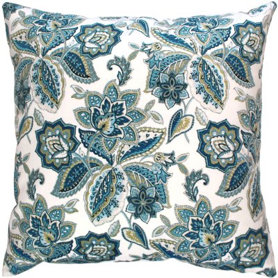 Kuddfodral i turkos med blommor i brlå och senapsgul på vit botten - 50x50 cm