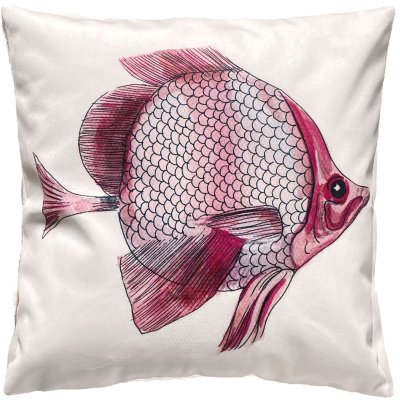 Vitt kuddfodral med rosa-lila fisk - Roligt motiv för barn-rum - 50x50 cm