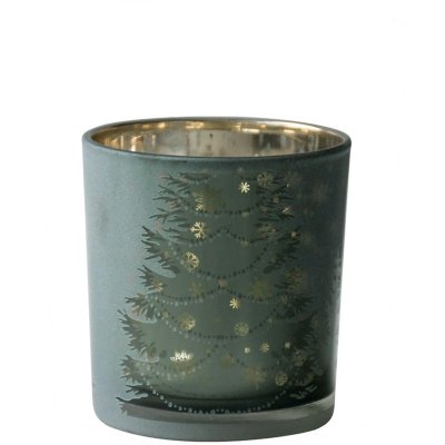 Grön ljuslykta i glas med granar och snöflingor - 8 cm hög