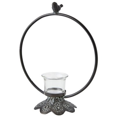 Ljuslykta, värmeljushållare i svart järn med fågel - 25 cm hög