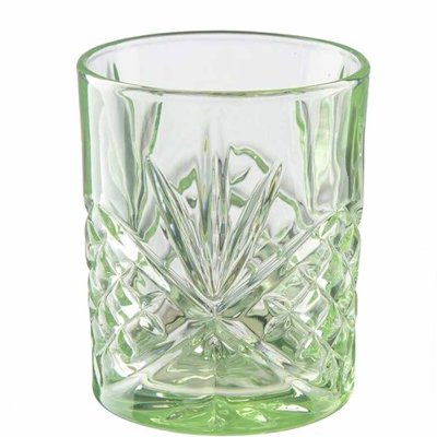 Grön Värmeljushållare, lykta i glas med vackert mönster - 10 cm hög