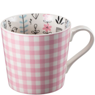 Rosa och Vit Mugg med rutmönster på utsida och blommönster insida - 42 cl