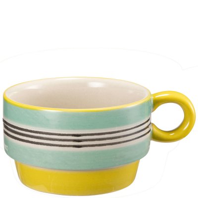 Gul och turkos kaffekopp, Mugg retro med handmålat mönster - Stiernholm 15 cl